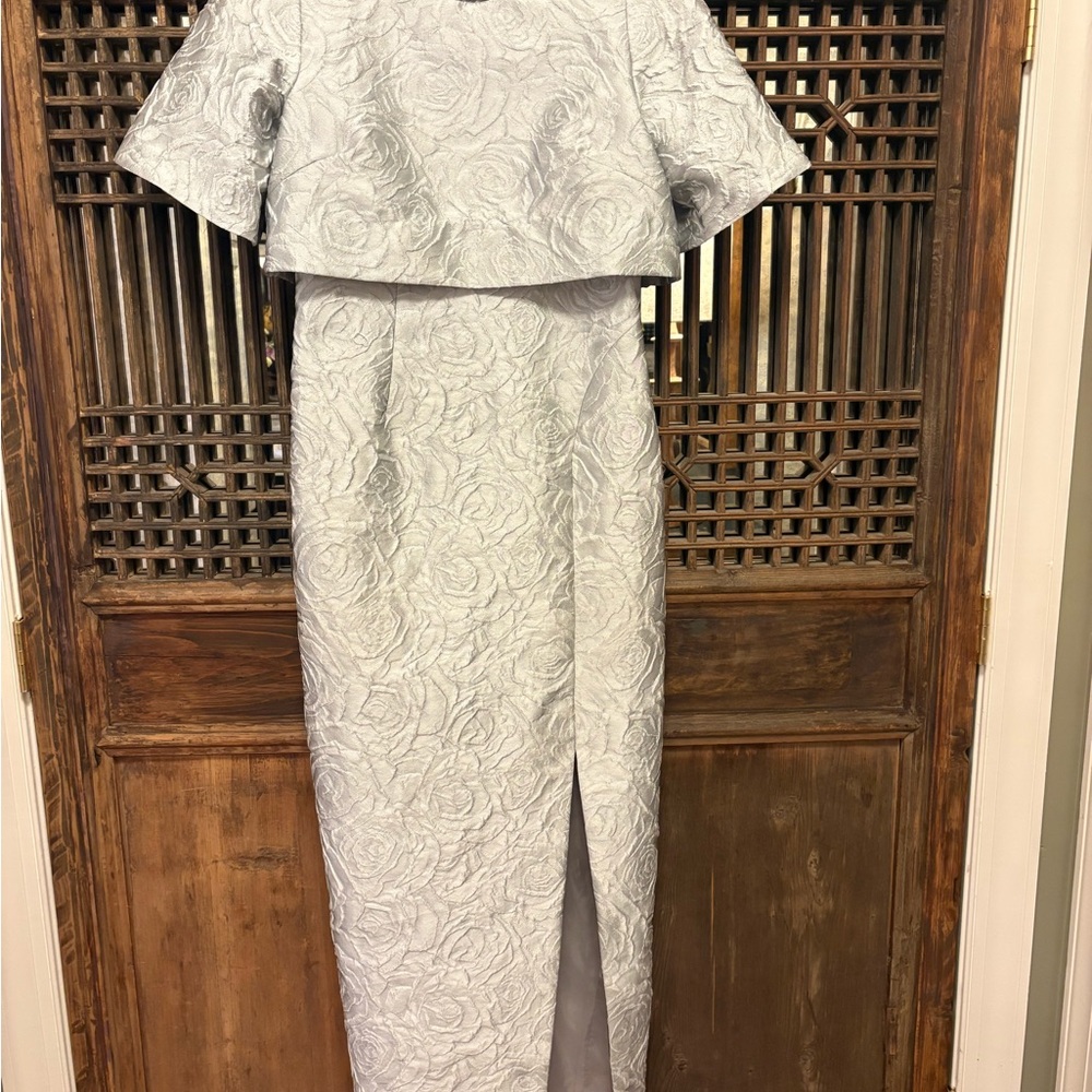 Elegant Silver Floral Jacquard Maxi Dress with Cape Detail